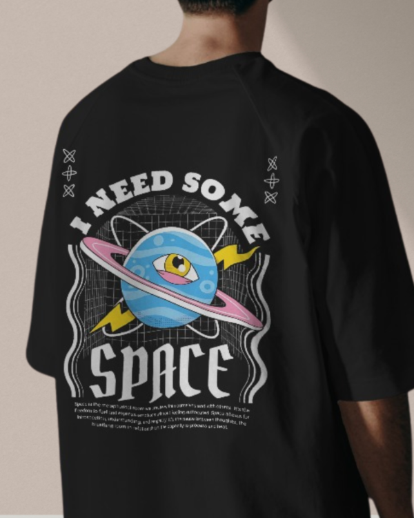 Men's Black I Need Space Graphic Print Oversized T-shirt - Image 4