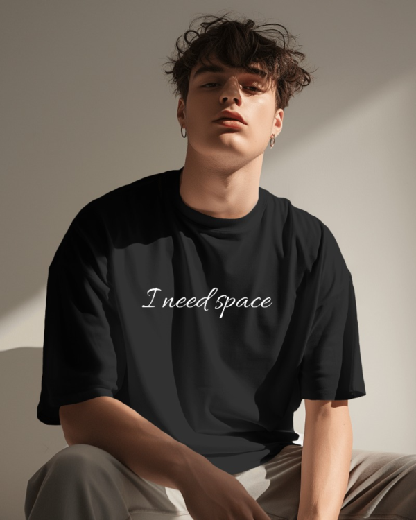 Men's Black I Need Space Graphic Print Oversized T-shirt - Image 2