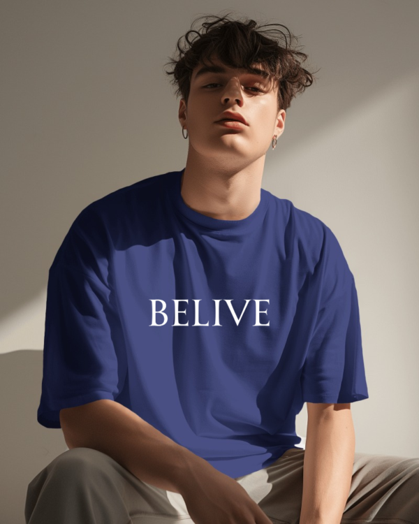 Men's Blue Believe Graphic Print Oversized T-shirt - Image 2