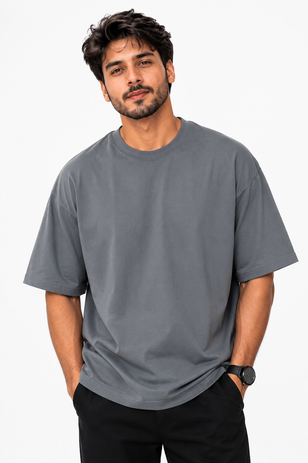 Steel Grey Plain Oversized T-shirt - Image 2